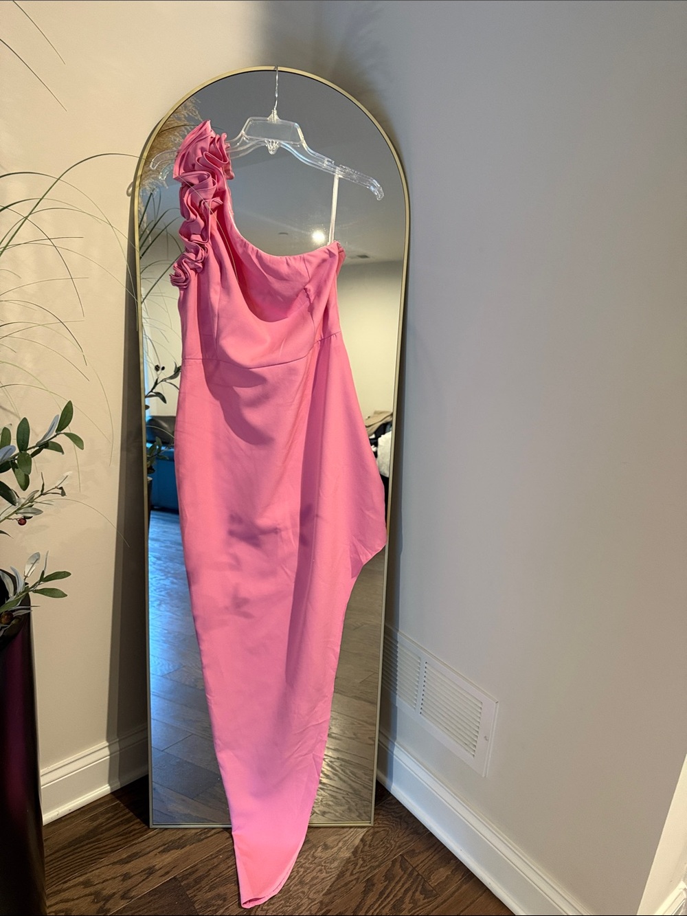 One-Shoulder Pink Ruffle Dress